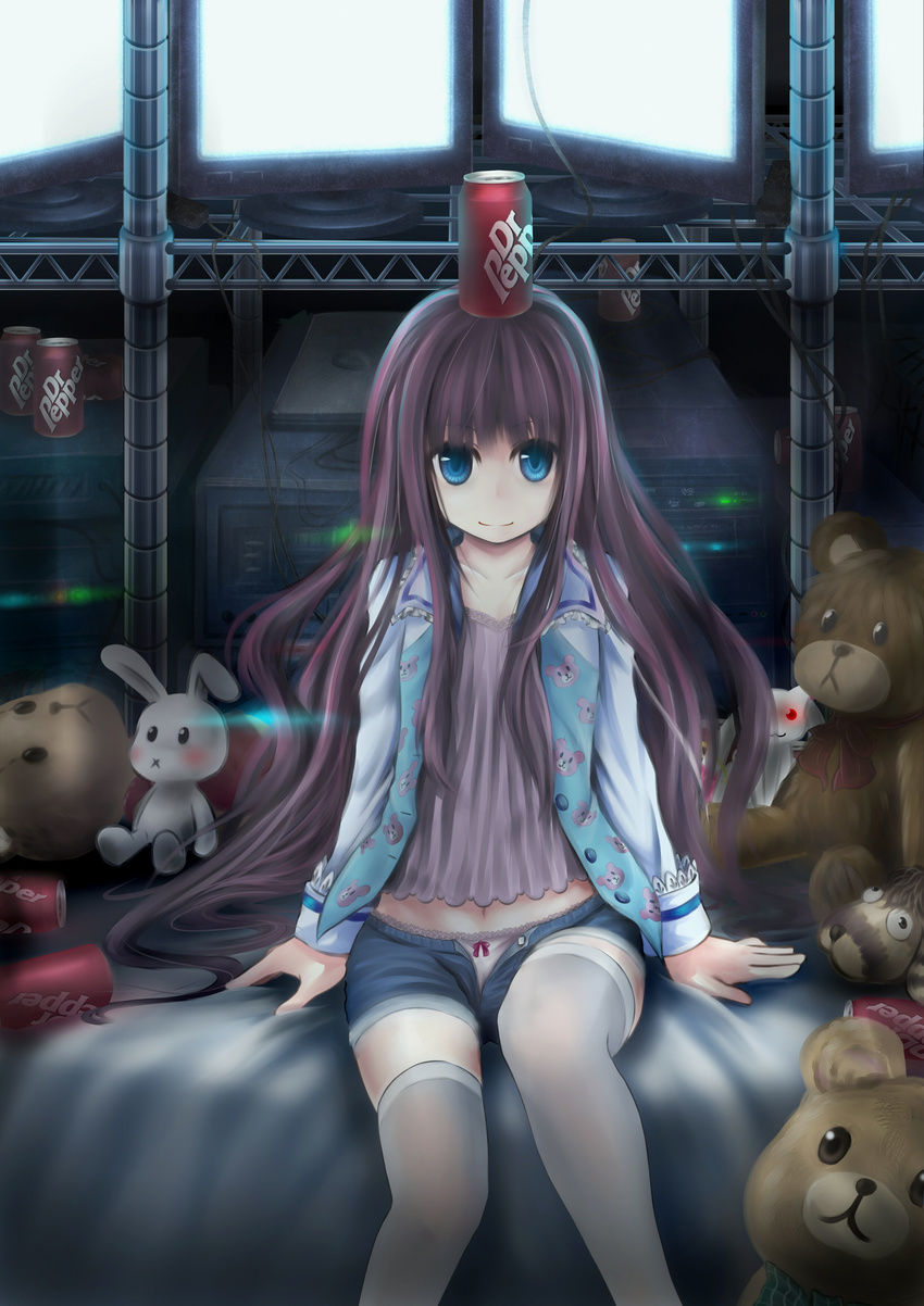 absurdres bad_id bad_pixiv_id black_hair blue_eyes brown_hair can dr_pepper highres kami-sama_no_memo-chou kyubey long_hair mahou_shoujo_madoka_magica pajamas panties shionji_yuuko shorts smile soda_can solo stuffed_animal stuffed_toy teddy_bear thighhighs underwear very_long_hair white_legwear