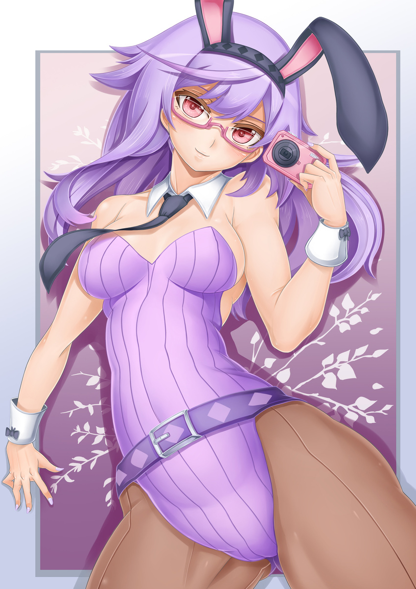 absurdres animal_ears bare_shoulders belt bunny_ears bunnysuit camera cowboy_shot glasses hairband highres leotard long_hair md5_mismatch nail_polish necktie oni-noboru original pantyhose pink_eyes purple_hair purple_leotard shadow solo wrist_cuffs