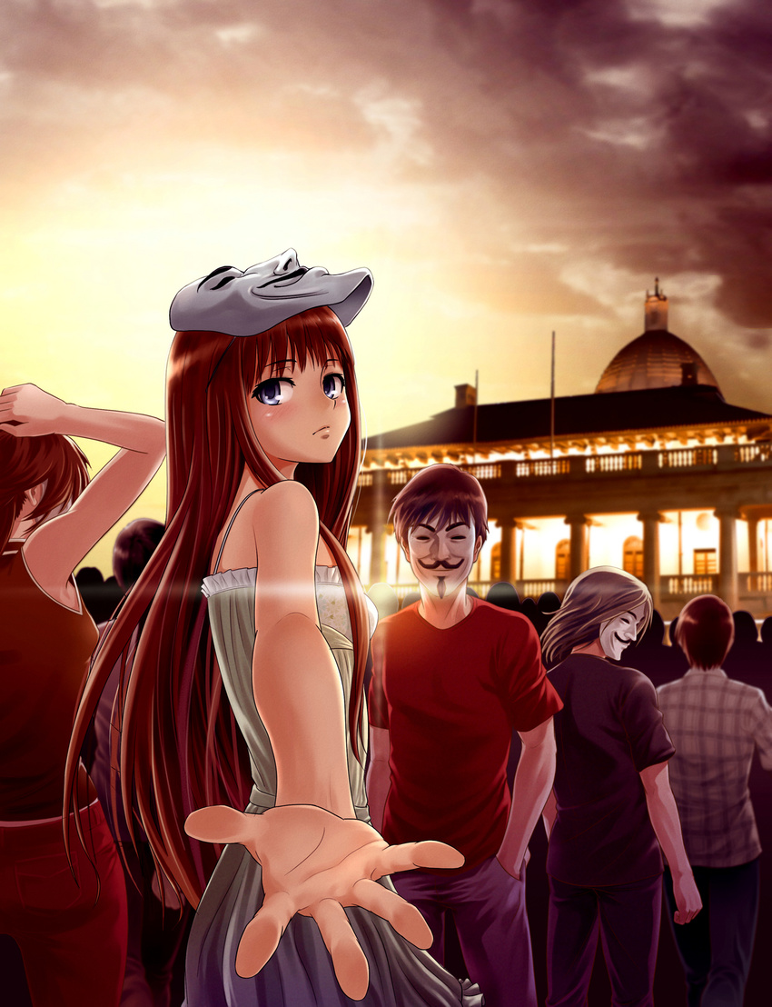 beckoning blue_eyes blush brown_hair dress evening foreshortening guy_fawkes_mask hand_in_pocket hand_on_head hands highres lens_flare long_hair mask misakamitoko0903 outstretched_hand sky solo_focus v_for_vendetta