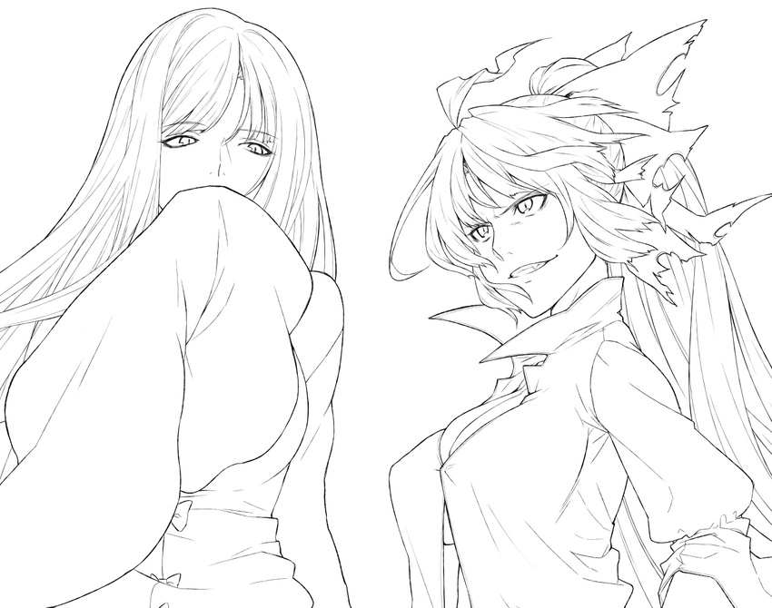 bow breasts cleavage covering_mouth face fangs fujiwara_no_mokou greyscale grin hair_bow hiroya_juuren houraisan_kaguya large_breasts lineart long_hair monochrome multiple_girls no_bra ponytail shirt sleeves_past_wrists slit_pupils smile smirk torn_clothes touhou wide_sleeves