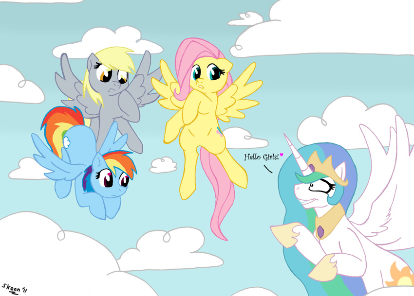 alicorn clouds cutie_mark derpy_hooves_(mlp) equine female feral fluttershy_(mlp) friendship_is_magic group hasbro horn horse mammal molestia my_little_pony pegasus pony princess_celestia_(mlp) rainbow_dash_(mlp) skoon sky winged_unicorn wings