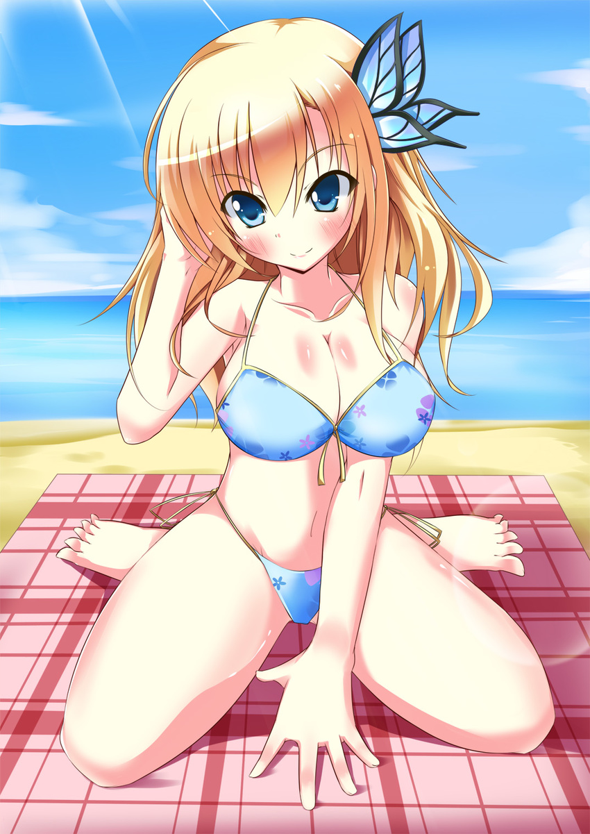 arm_support beach bikini blonde_hair blue_bikini blue_eyes blush body_blush boku_wa_tomodachi_ga_sukunai breasts bug butterfly butterfly_hair_ornament cleavage cloud day floral_print front-tie_top hair_ornament highres insect kashiwazaki_sena kibunya large_breasts light_rays long_hair outdoors side-tie_bikini sitting sky smile solo sunbeam sunlight swimsuit wariza