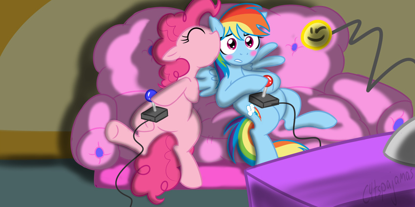 c4tspajamas cheek_kissing equine female feral friendship_is_magic fur hasbro horse lesbian mammal my_little_pony pegasus pink_fur pinkie_pie_(mlp) pony rainbow_dash_(mlp) sofa television video_games wing_boner wings