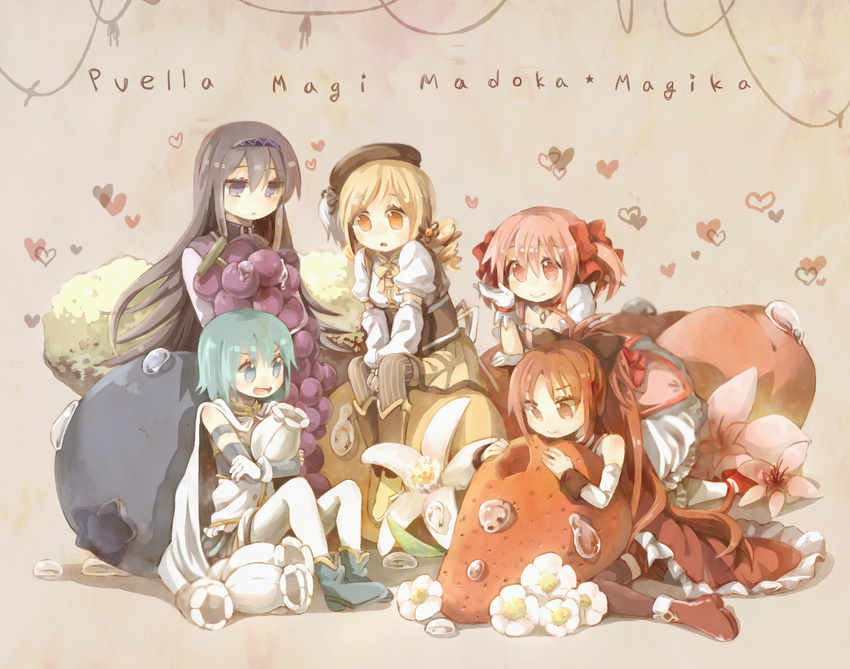 akemi_homura bad_id bad_pixiv_id beret black_hair black_legwear blonde_hair blue_eyes boots bow brown_legwear ca cape drill_hair flower food fruit gloves grapes hair_bow hair_ribbon hairband hat kaname_madoka long_hair mahou_shoujo_madoka_magica miki_sayaka multiple_girls orange oversized_object peach pink_eyes pink_hair purple_eyes purple_hair red_eyes red_hair ribbon sakura_kyouko smile strawberry striped striped_legwear thighhighs tomoe_mami twintails vertical-striped_legwear vertical_stripes white_gloves white_legwear yellow_eyes