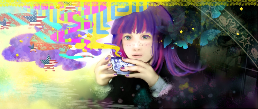 bug butterfly cup freckles holding insect multicolored_hair musimaro nail_polish panty_&amp;_stocking_with_garterbelt purple_hair realistic solo star steam stocking_(psg) teacup
