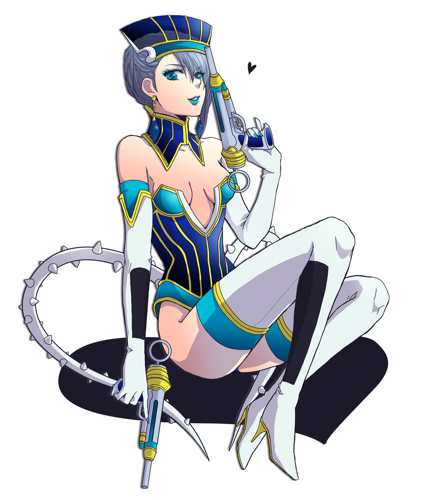 bad_id bad_pixiv_id bare_shoulders blue_eyes blue_hair blue_rose_(tiger_&amp;_bunny) boots breasts cleavage crystal_earrings dual_wielding earrings elbow_gloves full_body gloves gun hat heart high_heels highres holding jewelry karina_lyle lipstick makeup medium_breasts shoes short_hair simple_background sitting solo superhero thigh_boots thighhighs tiger_&amp;_bunny weapon white_background yukimatsu