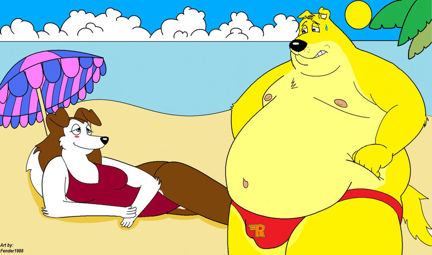 beach canine colleen dog duo fat female golden_retriever hunter_(road_rovers) male mammal nipples obese overweight road_rovers seaside tail unknown_artist water