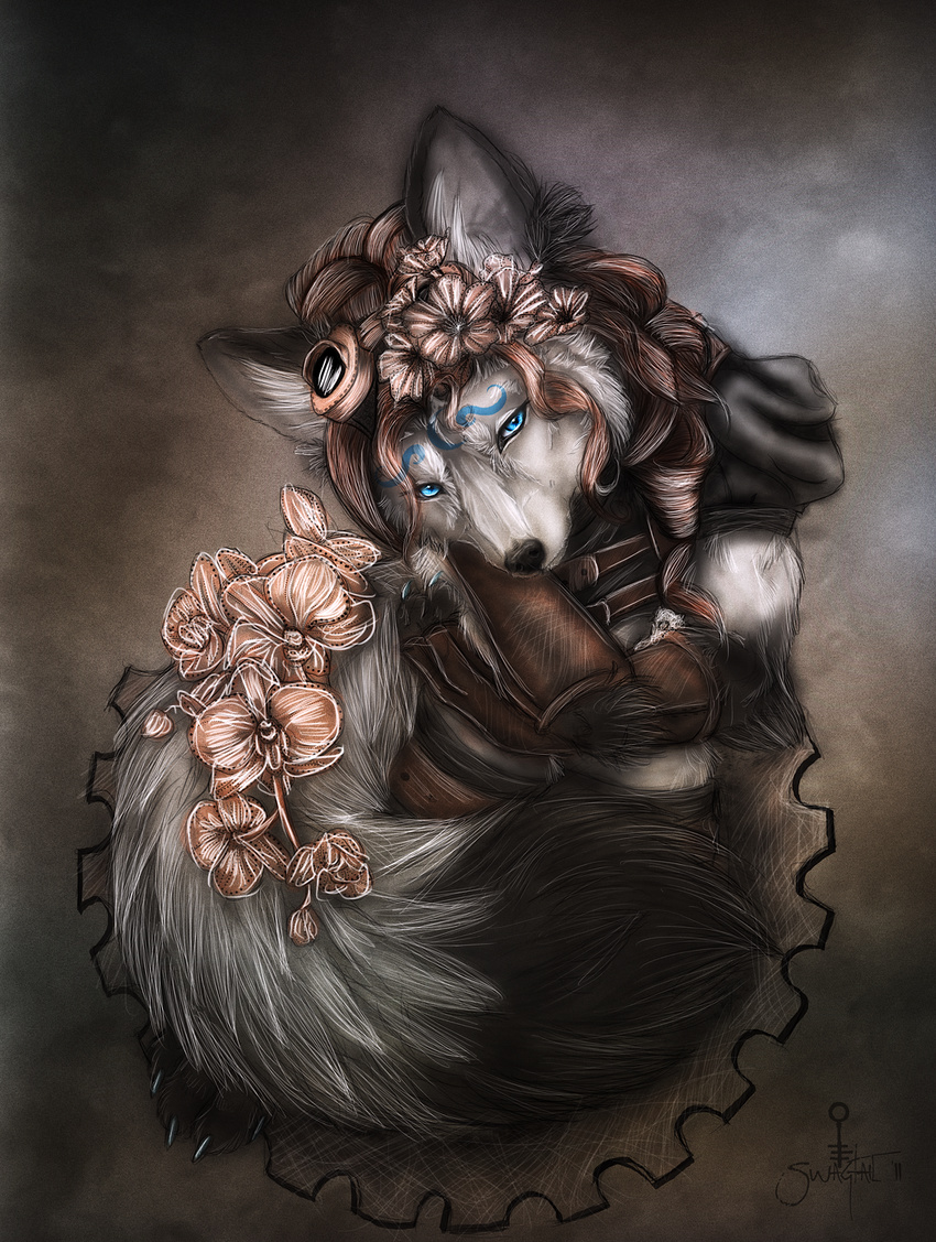 black_nose black_tailtip blue_eyes blue_face_markings brown_hair canine copper eyewear facial_markings flower gear goggles hair leather mammal markings mearu steampunk swagtail white wolf wolftale