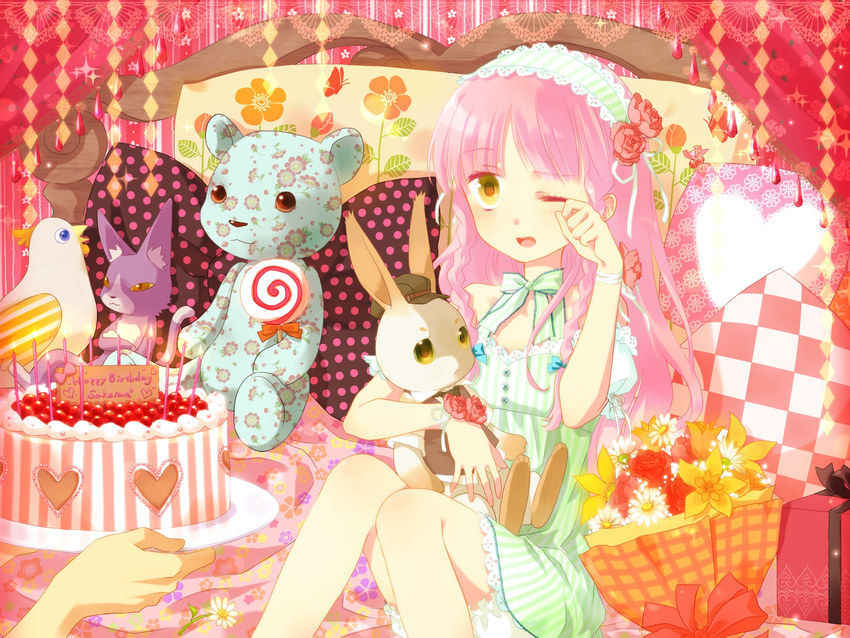 bad_id bad_pixiv_id bird birthday bunny cake cat checkered chicken flower food gift heart highres okitsune_(okitsune-sama) original pink_hair polka_dot rose solo_focus stuffed_animal stuffed_toy teddy_bear yellow_eyes