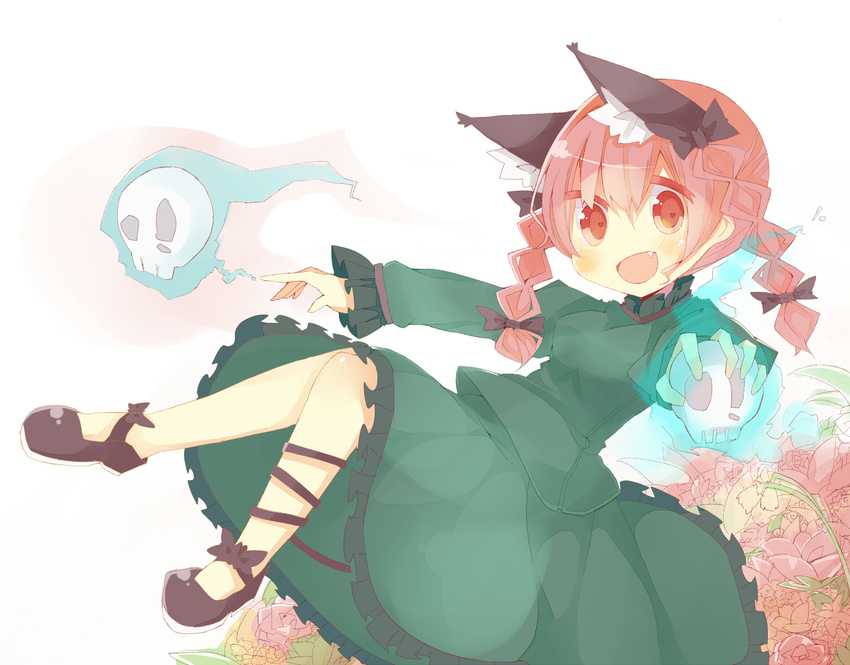 animal_ears bad_id bad_pixiv_id braid cat_ears fang ghost kaenbyou_rin red_eyes red_hair rowtan solo touhou