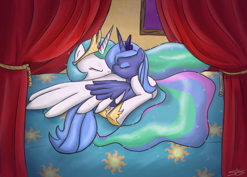 alicorn blue_hair crown cuddling cute duo equine eyes_closed female feral friendship_is_magic hair hasbro horn horse mammal multi-colored_hair my_little_pony pegacorn pony princess_celestia_(mlp) princess_luna_(mlp) rainbow_hair sibling sisters sleeping speccysy winged_unicorn wings