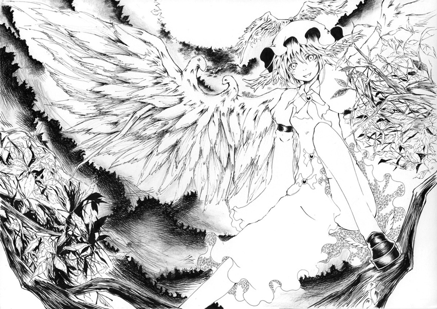 animal_ears bad_id bad_pixiv_id bow branch dress feathers greyscale hat leaf long_sleeves mizunoto monochrome mystia_lorelei one_knee shoes short_hair smile solo touhou winged_shoes wings