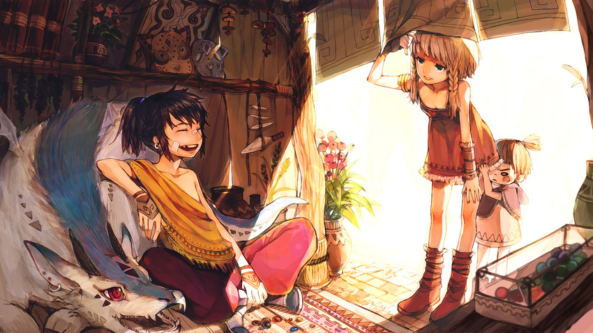 2girls armlet bandages bent_over black_hair blue_eyes blush_stickers braid breasts brown_hair cleavage closed_eyes collarbone creature dress earrings flower flower_pot highres horns indian_style jewelry knife mask multiple_girls original ponytail red_eyes sitting small_breasts soono_(rlagpfl) topknot twin_braids wallpaper wristband