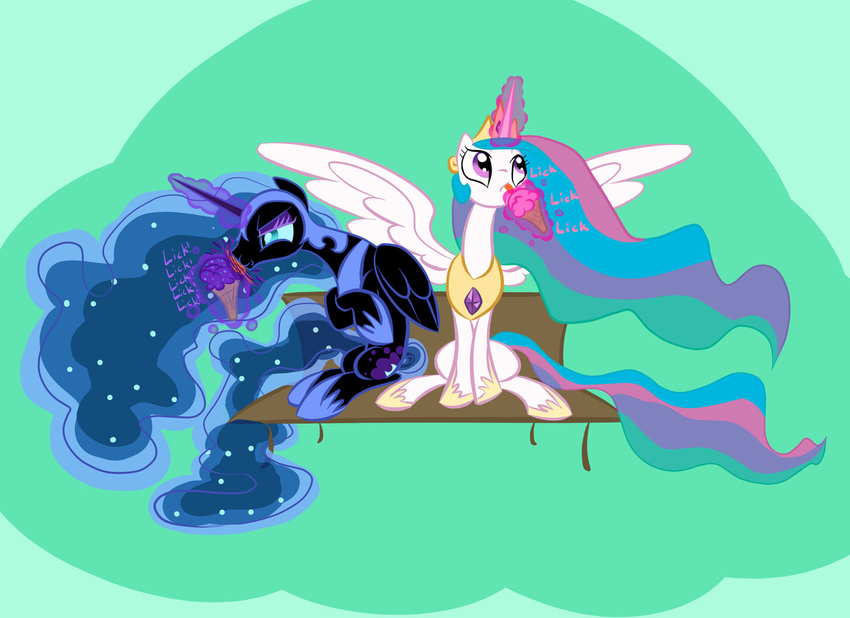 alicorn armor bench blue_eyes cutie_mark duo equine female feral friendship_is_magic glowing hair hasbro horn horse ice_cream levitation licking magic mammal multi-colored_hair my_little_pony nightmare_moon_(mlp) princess princess_celestia_(mlp) purple_eyes royalty slit_pupils sparkles tess-27 tongue winged_unicorn wings