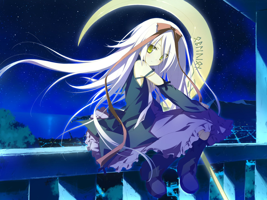 bow crescent_moon detached_sleeves game_cg hair_bow hair_ribbon highres hoshizora_no_memoria hug kneehighs leg_warmers long_hair mare_s_ephemeral moon night night_sky reflection ribbon scythe shida_kazuhiro sitting skirt sky solo star_(sky) starry_sky very_long_hair water white_hair yellow_eyes