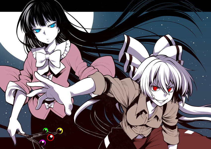 black_hair blue_eyes bow branch breasts face fujiwara_no_mokou full_moon highres houraisan_kaguya jeweled_branch_of_hourai long_hair medium_breasts moon multiple_girls night pale_skin red_eyes suspenders touhou uousa-ou very_long_hair white_hair