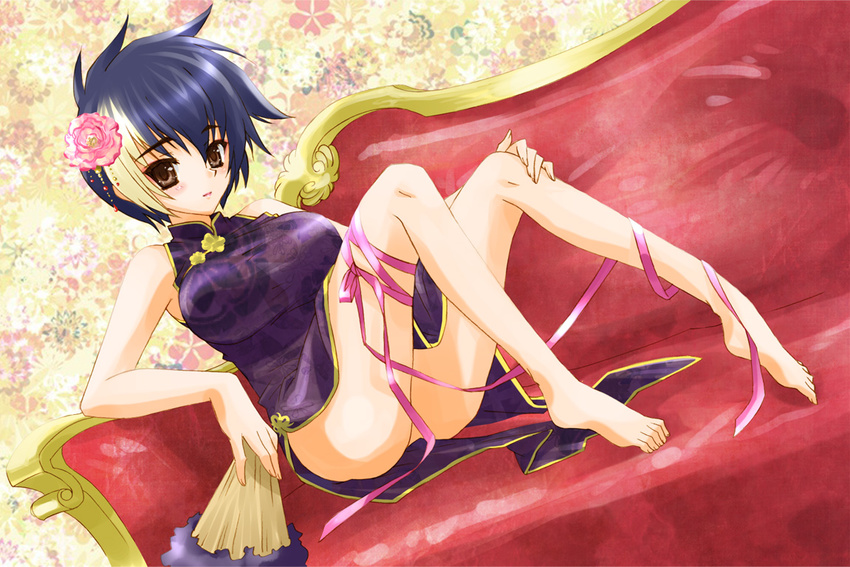 bad_id bad_pixiv_id bare_legs barefoot blue_hair breasts brown_eyes china_dress chinese_clothes couch dress fan feet fingernails flower folding_fan gien hair_flower hair_ornament koihime_musou large_breasts mali multicolored_hair no_panties ribbon shirt short_hair solo taut_clothes taut_shirt thigh_ribbon toenails