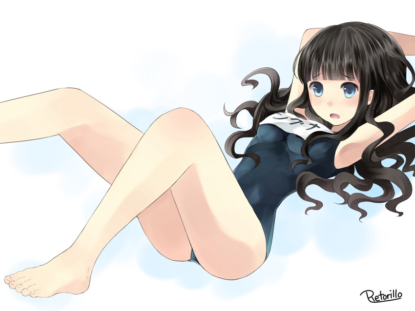 armpits bad_id bad_pixiv_id barefoot black_hair blue_eyes feet highres long_hair one-piece_swimsuit original retorillo school_swimsuit signa_(retorillo) solo swimsuit