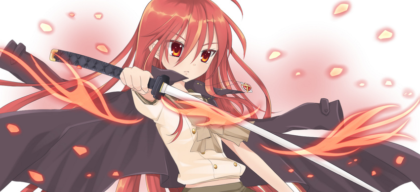 alastor_(shakugan_no_shana) fire jewelry lmo long_hair pendant red_eyes red_hair school_uniform serafuku shakugan_no_shana shana sword trench_coat weapon