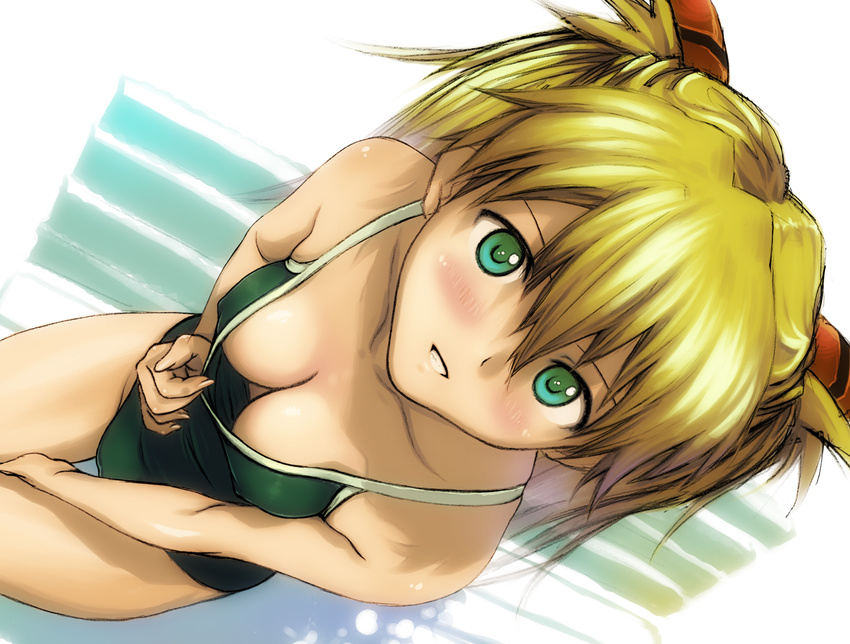 blonde_hair blush breasts cleavage competition_school_swimsuit downblouse extended_downblouse from_above green_eyes grin hair_ornament kobayashi_yuuji medium_breasts neon_genesis_evangelion one-piece_swimsuit sitting smile solo souryuu_asuka_langley swimsuit