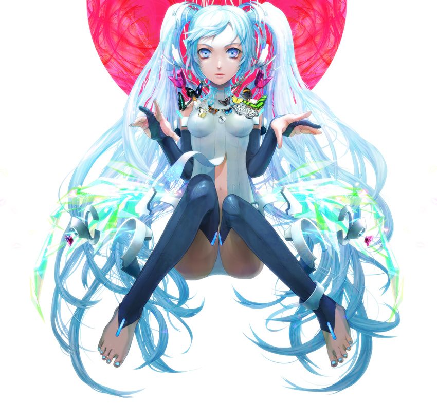 bad_id bad_pixiv_id barefoot blue_eyes blue_hair bridal_gauntlets bug butterfly elbow_gloves expressionless fingerless_gloves gloves hatsune_miku hatsune_miku_(append) highres insect long_hair navel necktie rowya sitting solo thighhighs toenail_polish twintails very_long_hair vocaloid vocaloid_append