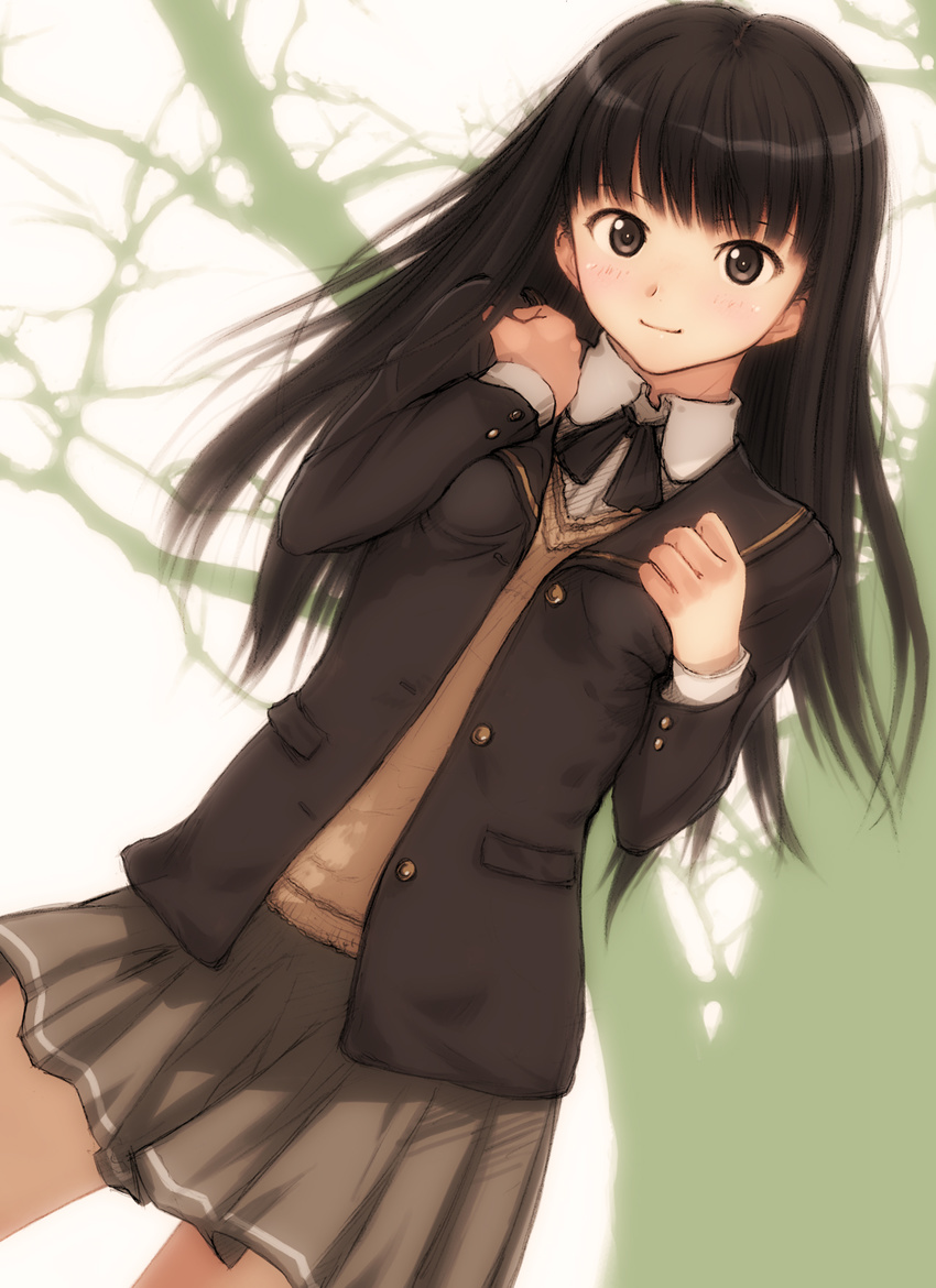 amagami ayatsuji_tsukasa brown_eyes brown_hair dutch_angle grey_skirt highres kibito_high_school_uniform kobayashi_yuuji long_hair long_sleeves pleated_skirt school_uniform skirt smile solo tree