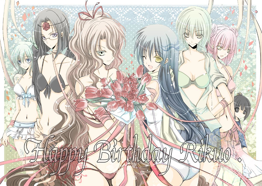 6+girls awashima bikini black_eyes black_hair blue_eyes brown_hair flower glasses green_hair happy_birthday kejoro kejourou long_hair multiple_girls nurarihyon_no_mago pink_hair purple_eyes reira_(nurarihyon_no_mago) sasami_(nurarihyon_no_mago) school_swimsuit short_hair smile swimsuit wink yellow_eyes yuki_onna_(nurarihyon_no_mago)