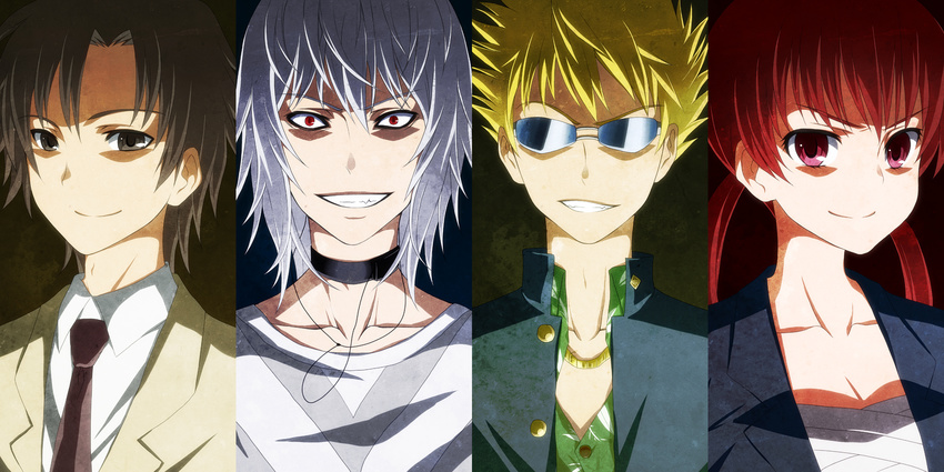 3boys accelerator blonde_hair brown_eyes brown_hair choker etzali highres laco_soregashi multiple_boys musujime_awaki red_eyes red_hair sunglasses to_aru_majutsu_no_index tsuchimikado_motoharu unabara_mitsuki white_hair