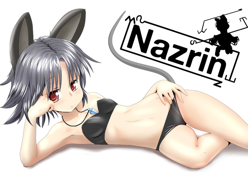 animal_ears armpits bikini character_name dowsing_rod face flat_chest grey_hair ishikkoro jewelry lying mouse_ears mouse_tail nazrin on_side pendant red_eyes short_hair solo swimsuit tail touhou transparent_background