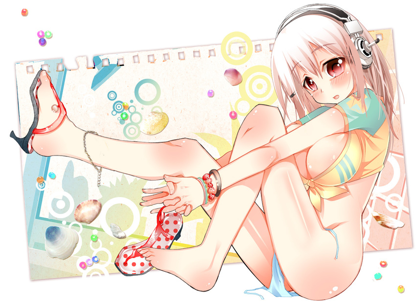 anklet bad_id bad_pixiv_id barefoot beads blush bracelet breasts chain cleavage crop_top front-tie_top headphones high_heels jewelry large_breasts long_hair midriff nitroplus pink_hair red_eyes sandals shirt shoes single_shoe sodapop_(iemaki) solo super_sonico tied_shirt untied