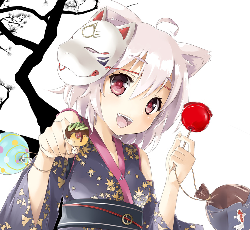 ahoge animal_ears bad_id bad_pixiv_id bag bagged_fish balloon bare_shoulders candy_apple detached_sleeves fangs fish food fox_mask goldfish highres inubashiri_momiji japanese_clothes kimono leaf maple_leaf mask open_mouth purple_eyes silver_hair simple_background solo takoyaki touhou upper_body water_yoyo wolf_ears yuu_(genkai77)