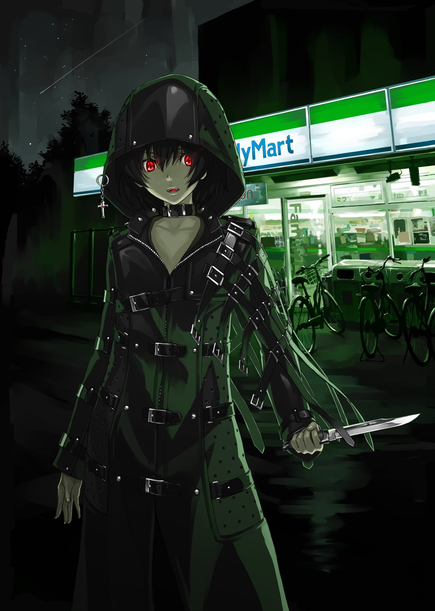 androgynous belt bicycle bicycle_basket black_hair buckle building coat collar convenience_store cross dark familymart glowing glowing_eyes green ground_vehicle highres holding holding_knife holding_weapon hood jewelry knife kurogin left-handed long_sleeves multiple_belts night night_sky open_mouth original outdoors pendant red_eyes shooting_star shop sky solo star storefront strap weapon zipper