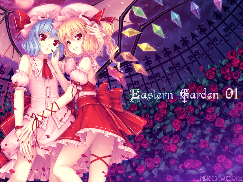 bad_id bad_pixiv_id bare_shoulders bat_wings blonde_hair blue_hair cover cover_page fingernails flandre_scarlet flower hand_on_another's_cheek hand_on_another's_face hat highres long_fingernails multiple_girls nail_polish petals ponytail red_eyes red_nails remilia_scarlet ribbon rose sayori short_hair siblings side_ponytail sisters slit_pupils touhou wallpaper wings