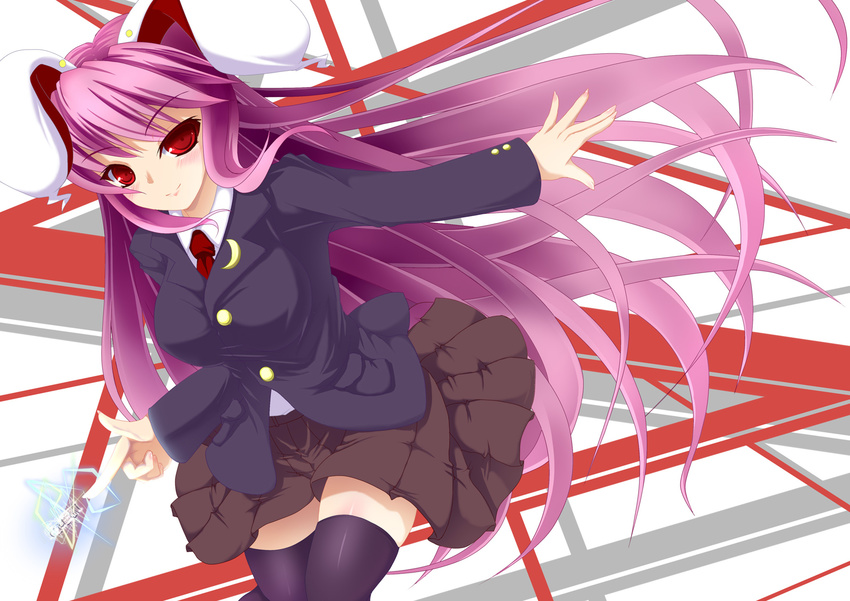 animal_ears black_legwear blazer breasts bullet bunny_ears highres jacket large_breasts long_hair necktie negamaro purple_hair red_eyes reisen_udongein_inaba skirt smile solo thighhighs touhou