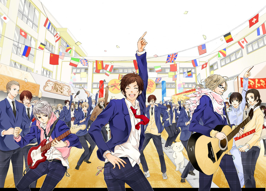 america_(hetalia) austria_(hetalia) axis_powers_hetalia belarus_(hetalia) black_hair blonde_hair brown_hair camera canada_(hetalia) china_(hetalia) denmark_(hetalia) eyes_closed finland_(hetalia) flag france_(hetalia) germany_(hetalia) glasses greece_(hetalia) guitar hong_kong_(hetalia) hungary_(hetalia) iceland_(hetalia) instrument japan_(hetalia) korea_(hetalia) kumajiro liechtenstein_(hetalia) lithuania_(hetalia) multiple_boys necktie northern_italy_(hetalia) norway_(hetalia) open_mouth pocky poland_(hetalia) prussia_(hetalia) russia_(hetalia) scarf school school_uniform sealand_(hetalia) seychelles_(hetalia) southern_italy_(hetalia) spain_(hetalia) sweden_(hetalia) switzerland_(hetalia) taiwan_(hetalia) tony_(hetalia) uniform united_kingdom_(hetalia) white_hair