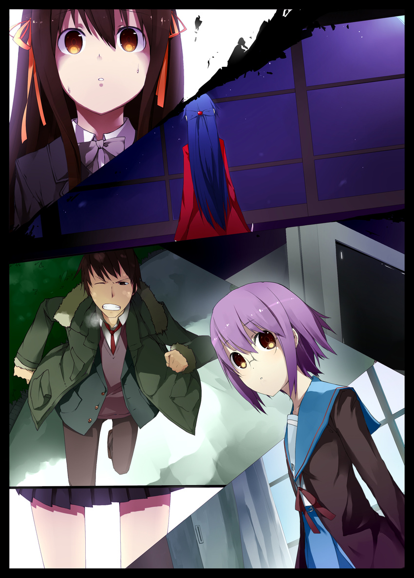 3girls absurdres alternate_costume alternate_hairstyle asakura_ryouko bad_id bad_pixiv_id cardigan en@rain hair_ribbon highres kita_high_school_uniform kouyouen_academy_uniform kyon multiple_girls nagato_yuki ribbon school_uniform serafuku suzumiya_haruhi suzumiya_haruhi_no_shoushitsu suzumiya_haruhi_no_yuuutsu