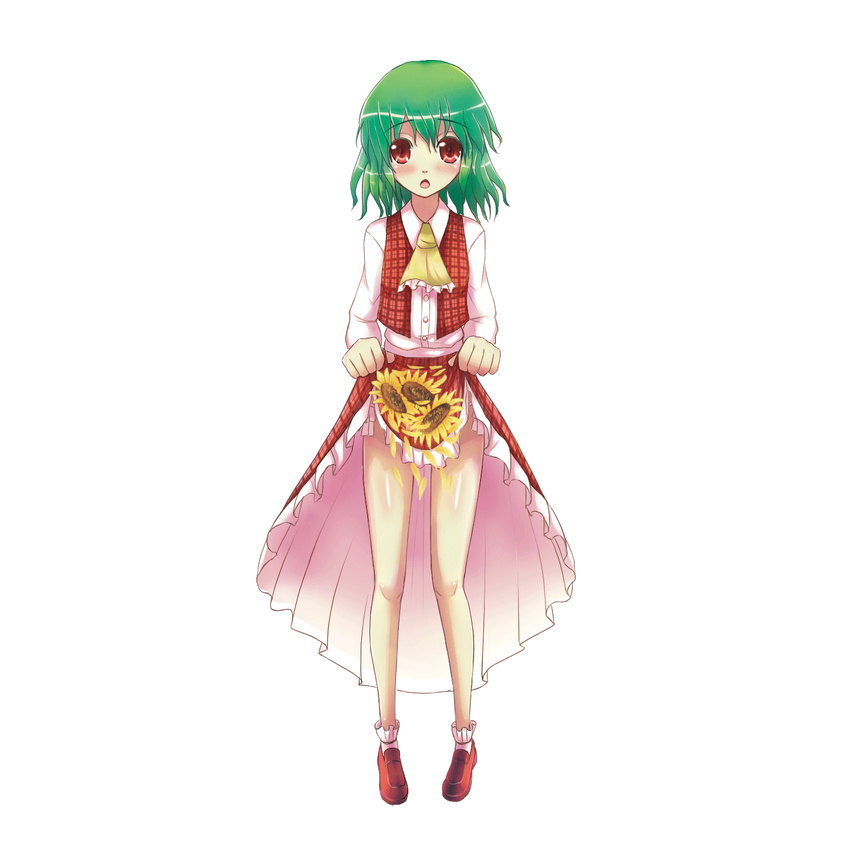 ascot bad_id bad_pixiv_id blush dress flower full_body green_hair highres karukei kazami_yuuka legs open_mouth plaid plaid_skirt plaid_vest red_eyes short_hair skirt skirt_basket skirt_lift skirt_set solo standing touhou transparent_background vest