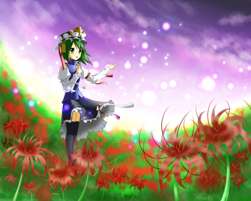 bad_id bad_pixiv_id flower green_eyes green_hair hat highres midoriiro_no_shinzou shiki_eiki short_hair solo spider_lily thighhighs touhou