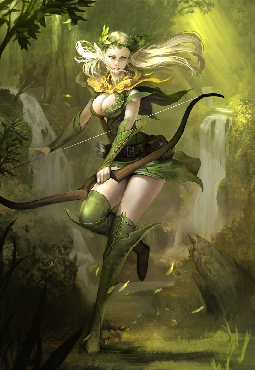 blonde_hair blue_eyes boots bow_(weapon) breasts cleavage cleavage_cutout copyright_request dress elf forest green green_eyes highres large_breasts long_hair nature pointy_ears quiver short_dress solo thigh_boots thighhighs weapon woo_chul_lee