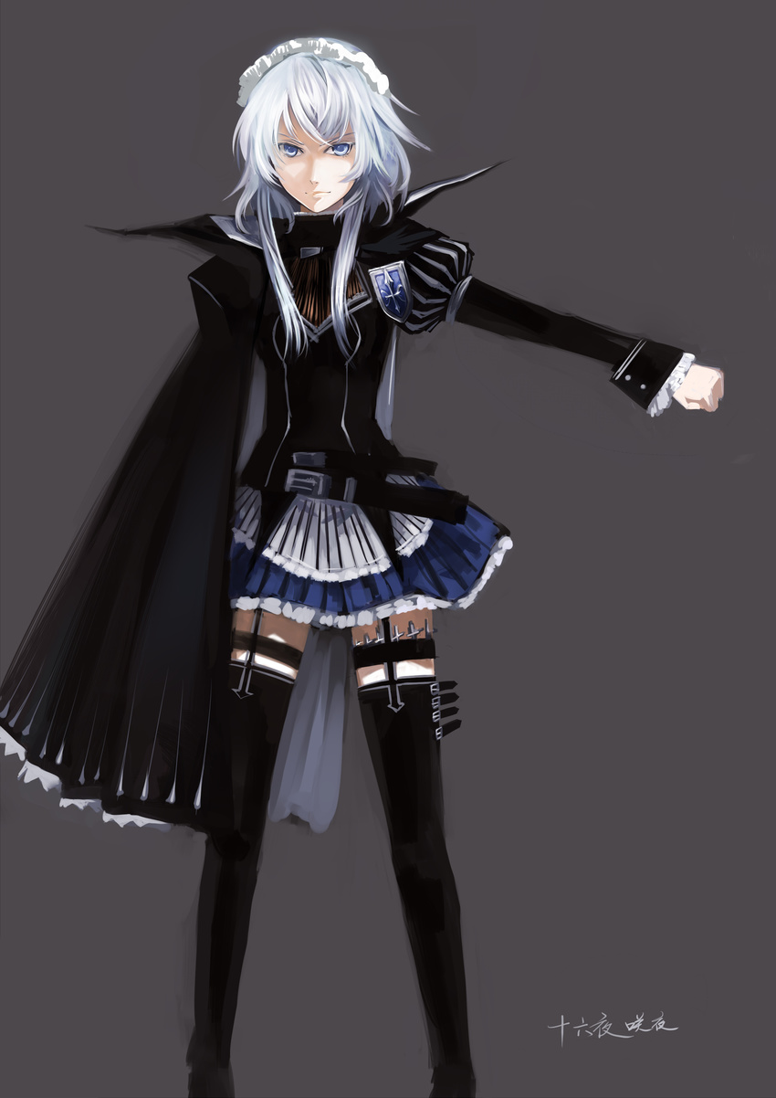 absurdres alternate_costume alternate_hairstyle belt blue_eyes cape coat highres izayoi_sakuya knife maid_headdress outstretched_arm popped_collar samanta short_hair signature silver_hair simple_background solo standing thighhighs touhou zettai_ryouiki