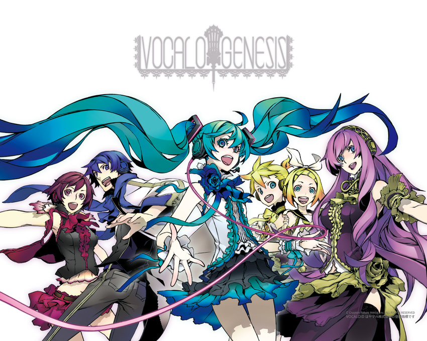 4girls :d ahoge album_cover alternate_costume alternate_hairstyle aqua_eyes aqua_hair arm_cuffs ascot bare_shoulders belt blonde_hair blue_eyes blue_hair blue_scarf bow brown_hair cable cover curly_hair everyone frills hatsune_miku headphones holding_hands jacket kagamine_len kagamine_rin kaito long_hair looking_back megurine_luka meiko miwa_shirou multiple_boys multiple_girls navel open_mouth outstretched_arms pants pink_hair ponytail red_eyes ribbon scarf shirt short_hair simple_background skirt sleeveless sleeveless_shirt smile spread_arms thighhighs twintails very_long_hair vest vocaloid watermark wrist_cuffs