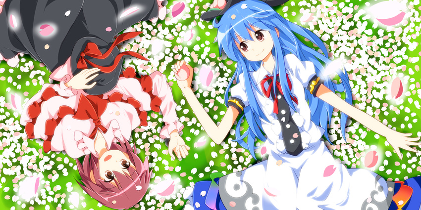 alternate_hair_color ascot blue_hair cherry_blossoms food frills fruit hat hat_on_chest hat_removed headwear_removed hinanawi_tenshi long_hair lying multiple_girls nagae_iku open_mouth peach petals purple_hair rotational_symmetry ruu_(tksymkw) shawl short_hair smile touhou