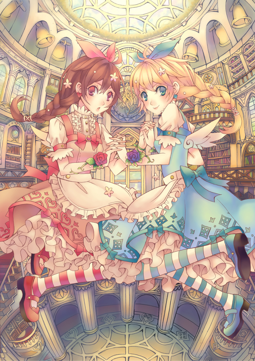 absurdres apron bell blonde_hair blue_eyes bow braid brown_hair dress earrings falseele floating frills gathers hair_ornament hair_ribbon highres holding_hands jewelry long_hair mary_janes multiple_girls original pantyhose red_eyes ribbon shoes smile striped striped_legwear wings