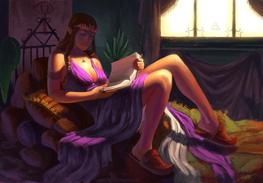 armlet arvalis book breasts brown_hair circlet cleavage highres jewelry medium_breasts necklace pillow pointy_ears princess_zelda reading slippers smile solo the_legend_of_zelda triforce