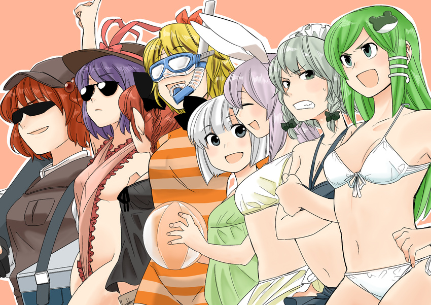 angry animal_ears ball bikini black_bikini blonde_hair blue_eyes bow braid breast_envy breasts bunny_ears clenched_teeth closed_eyes container crossed_arms diving_mask diving_mask_on_eyes frills frog front-tie_top goggles green_eyes green_hair grey_eyes hair_bobbles hair_bow hair_ornament hairband happy hat hat_bow hat_ribbon highres hishaku izayoi_sakuya kaenbyou_rin kochiya_sanae konpaku_youmu koyama_shigeru lineup long_hair maid_headdress medium_breasts multiple_girls nagae_iku navel onozuka_komachi open_mouth pocket pointy_ears purple_hair red_eyes red_hair reisen_udongein_inaba ribbon shawl short_hair sideboob silver_hair slingshot_swimsuit smile snake snorkel stage_connection striped sunglasses swimsuit teeth toramaru_shou touhou twin_braids white_bikini