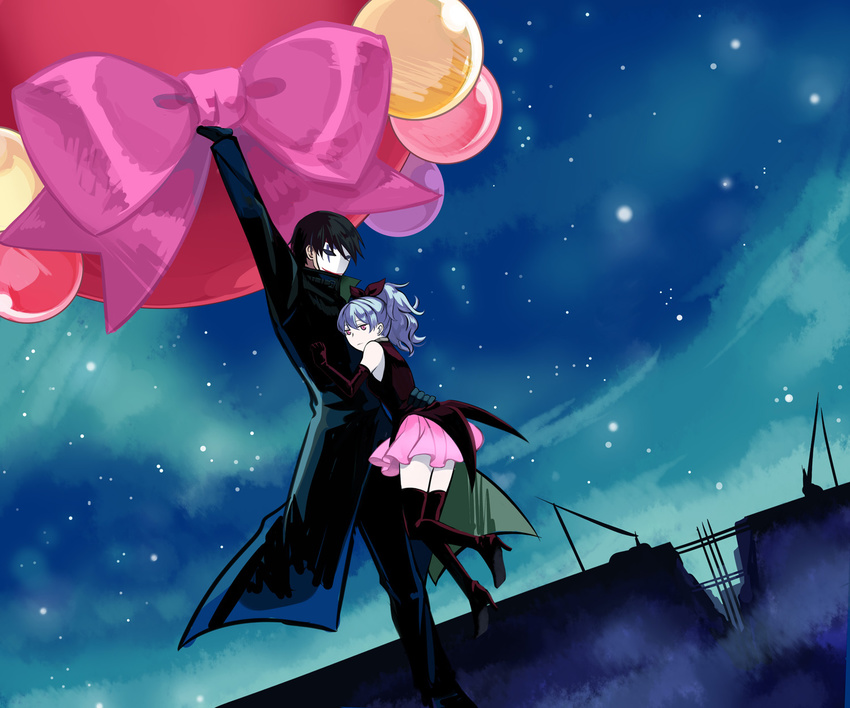 balloon boots couple darker_than_black hei highres mask skirt sky thigh_boots thighhighs trench_coat trenchcoat yin