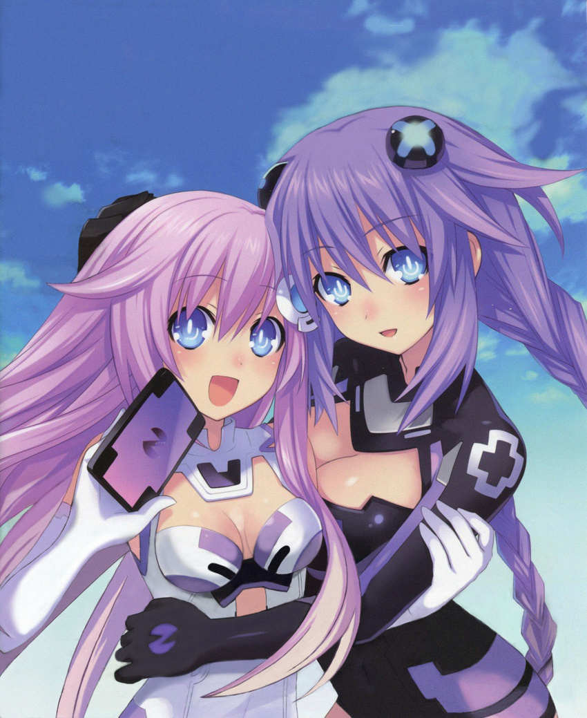 :d blue_eyes blush bodysuit braid breasts choujigen_game_neptune_mk2 cleavage cleavage_cutout cloud day elbow_gloves emblem gloves hair_ornament hand_on_another's_head highres holding hug long_hair looking_at_viewer medium_breasts multiple_girls nepgear neptune_(series) official_art open_mouth pink_hair power_symbol purple_hair purple_heart purple_sister siblings sisters smile symbol-shaped_pupils tsunako twin_braids twintails very_long_hair white_gloves