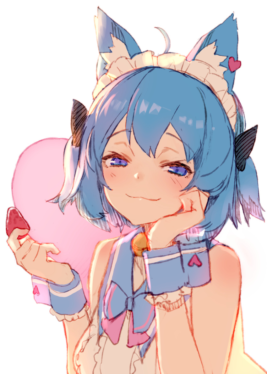 1girl :3 absurdres ahoge animal_ears animare bare_shoulders bell blue_hair blue_neckwear blue_sailor_collar blush bow bowtie closed_mouth commentary_request eyebrows_visible_through_hair food fruit hair_ornament hairband heart highres holding izumi_sai jingle_bell purple_eyes sailor_collar shirt short_hair smile solo souya_ichika strawberry transparent_background upper_body white_shirt wrist_cuffs
