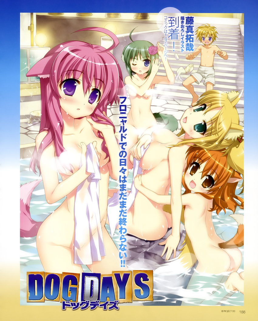 4girls absurdres ahoge animal_ears blonde_hair breasts dog_days dog_ears dog_girl dog_tail eclair_martinozzi fox_ears fox_tail fujima_takuya green_eyes highres large_breasts millhiore_f_biscotti multiple_girls ricotta_elmar scan shinku_izumi tail towel yukikaze_panettone