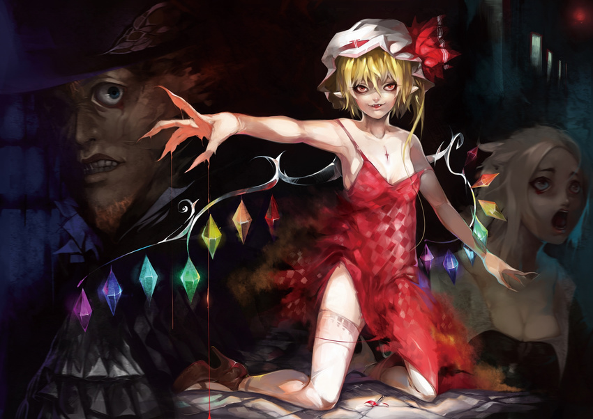 bare_shoulders blonde_hair blood bow character_request claws cross crystal flandre_scarlet hat hat_bow high_heels highres kneeling older outstretched_arm screaming shoes strap_slip sukya teeth thighhighs torn_clothes torn_legwear touhou vampire white_legwear wings